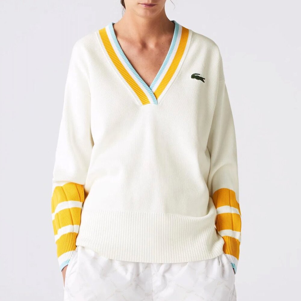 Lacoste Women's Low V-neck Loose Fit Cotton Blend Sweater XL